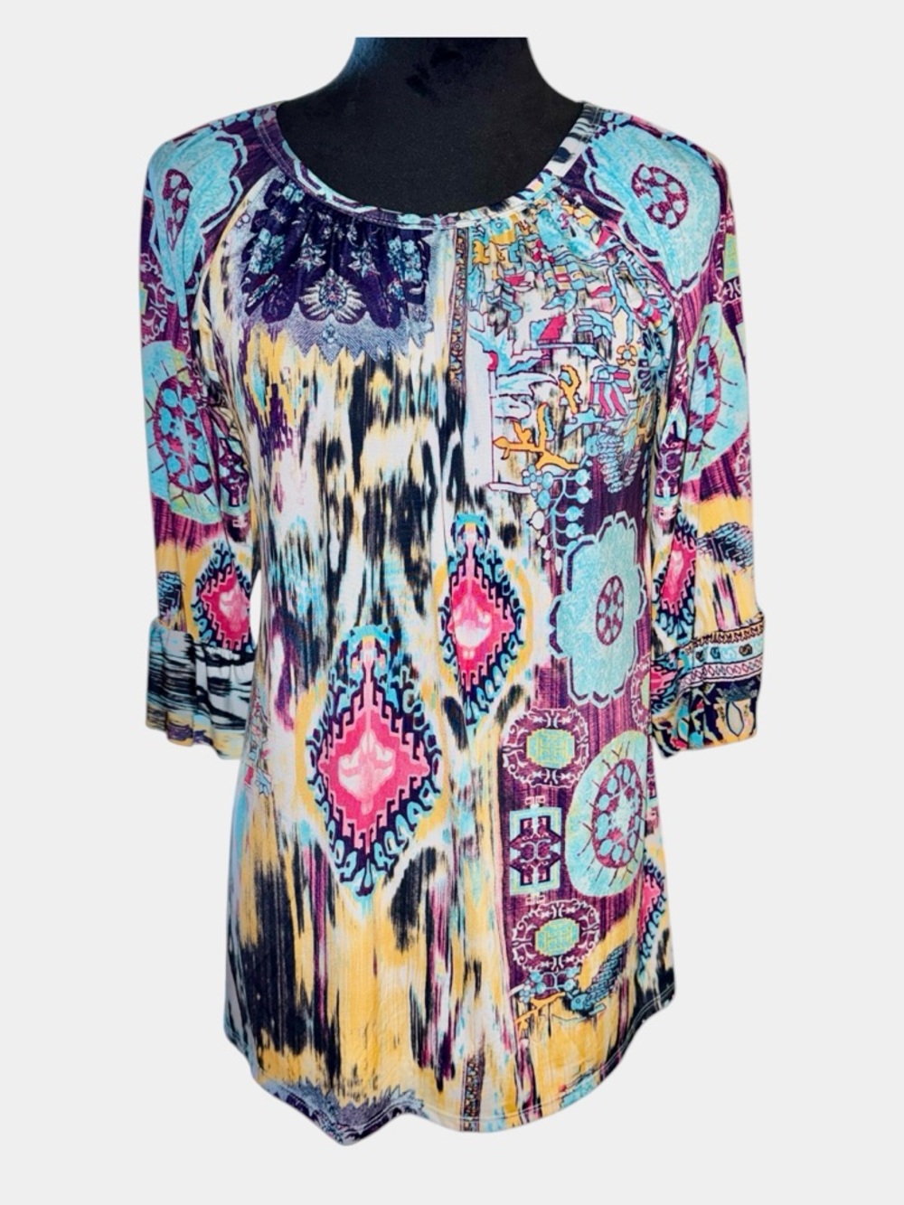 The ZigZag Stripe Boho Multicolor Scoop Neck Blouse, Size Oversized Small